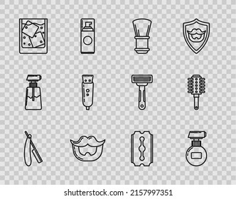 Set line Straight razor, Cream lotion cosmetic tube, Shaving brush, Mustache and beard, Glass of whiskey ice cubes, Electrical hair clipper shaver, Blade and Hairbrush icon. Vector