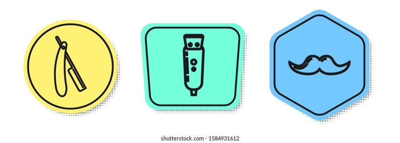 Set line Straight razor, Electrical hair clipper or shaver and Mustache. Colored shapes. Vector