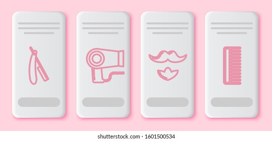 Set line Straight razor, Hair dryer, Mustache and beard and Hairbrush. White rectangle button. Vector