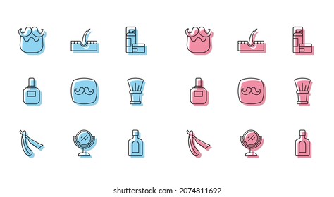 Set Zeile Straight Rasier, Handspiegel, Mustache Bart, Flasche Shampoo, Barbershop, Shave-Bürste, Aftershave und Human Haar Follikel Symbol. Vektorgrafik