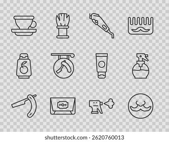 Set line Straight razor, Mustache, Electrical hair clipper, Blade, Coffee cup, Barbershop with, Hairdresser pistol spray bottle and  icon. Vector