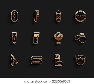 Fijar la línea de afeitar recta, toalla, hoja, espuma de gel de afeitar, biberón y barba, frasco de spray de pistola de peluquería, Aftershave con atomizador e icono de espejo de maquillaje redondo. Vector