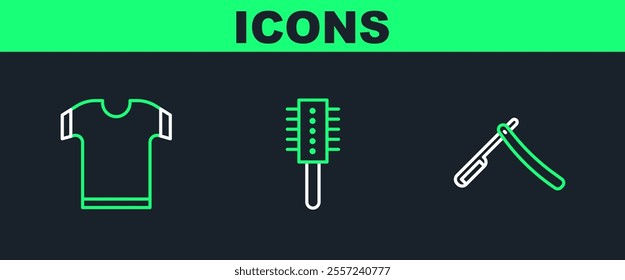 Set line Straight razor, T-shirt and Hairbrush icon. Vector