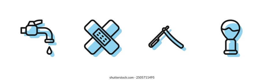 Set line Straight razor, Water tap, Crossed bandage plaster and Shaving brush icon. Vector