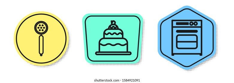 Set line Strainer spoon , Cake  and Oven . Colored shapes. Vector