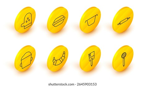 Set line Strainer spoon, Kitchen brush, Croissant, Bakery bowl dough, Rolling pin, Cooking pot, Macaron cookie and Oven glove icon. Vector