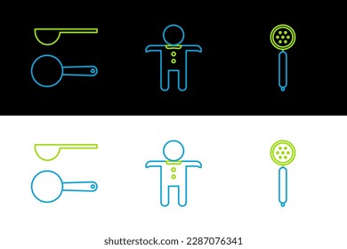 Set line Strainer spoon, Measuring and Holiday gingerbread man cookie icon. Vector