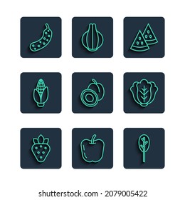 Set line Strawberry, Apple, Spinach, Watermelon, Plum fruit, Corn, Fresh cucumber and Cabbage icon. Vector