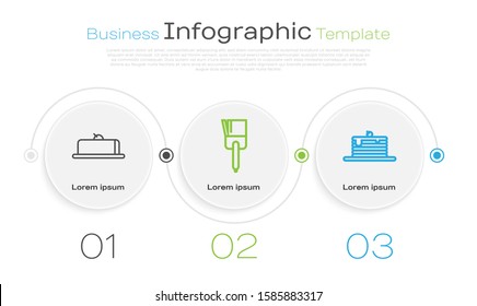 Set line Strawberry cheesecake slice, Kitchen brush  and Stack of pancakes . Business infographic template. Vector