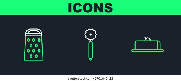 Set line Strawberry cheesecake slice, Grater and Pizza knife icon. Vector