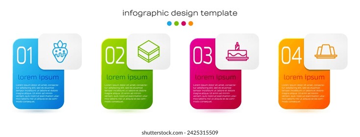 Set line Strawberry in chocolate, Brownie cake, Cake with burning candles and Jelly. Business infographic template. Vector