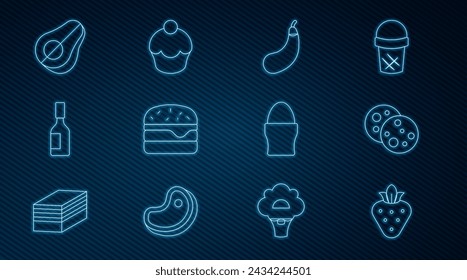 Línea Fresa, Galleta con chocolate, Berenjena, Hamburguesa, Salsa de Tabasco, Fruta de aguacate, Huevo de pollo en el stand y Muffin icono. Vector