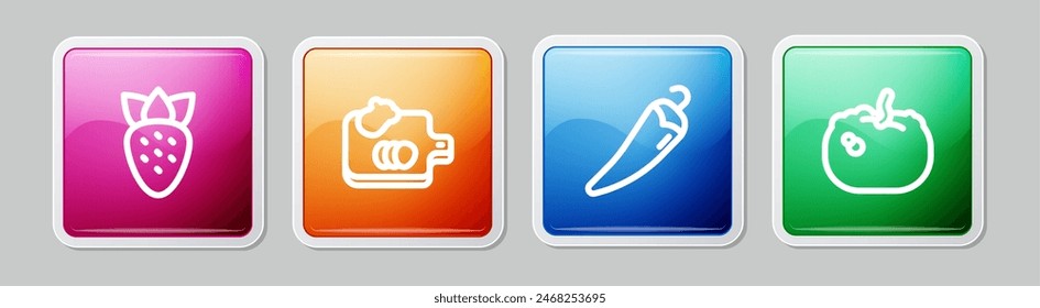 Set line Strawberry, Cutting board with vegetables, Hot chili pepper and Pumpkin. Colorful square button. Vector