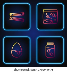 Set line Strawberry jam jar, Chocolate egg, Sugar stick packets and Candy packaging for sweets. Gradient color icons. Vector