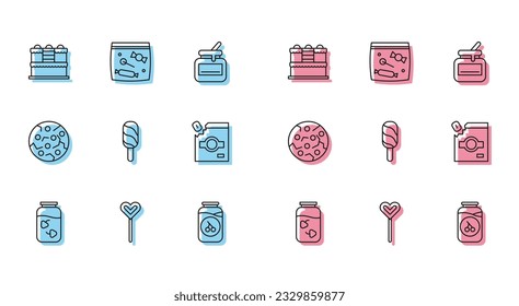 Set line Strawberry jam jar, Lollipop, Cake, Cherry, Ice cream, Candy packaging for sweets, Cookie biscuit and  icon. Vector