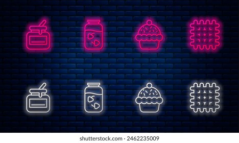 Set line Strawberry jam jar, Cupcake, Jar of honey and Cracker biscuit. Glowing neon icon on brick wall. Vector