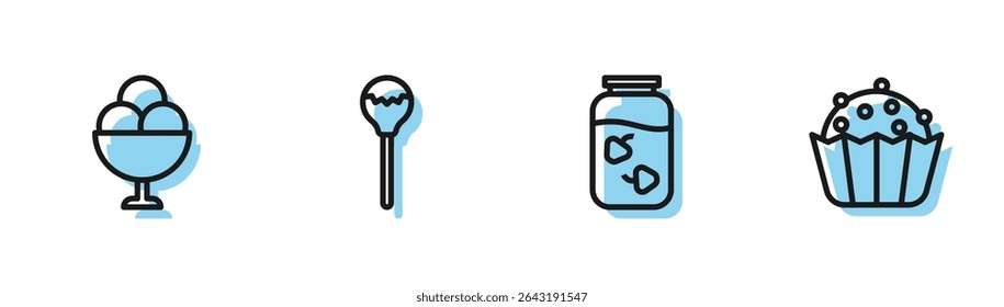 Definir linha Morango geleia jar, Sorvete na tigela, Lollipop e ícone Cupcake. Vetor
