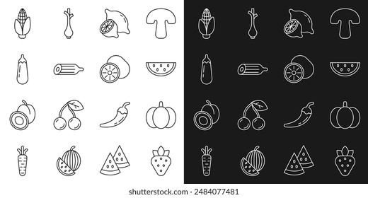 Set line Strawberry, Pumpkin, Watermelon, Lemon, Fresh cucumber, Eggplant, Corn and Kiwi fruit icon. Vector