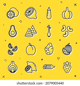 Set line Strawberry, Watermelon, Beans, Eggplant, Avocado fruit, Kiwi and Fresh green onions icon. Vector