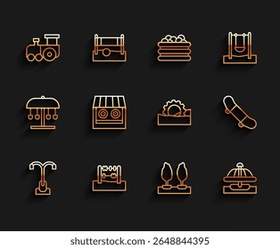 Set line Street light, Abacus, Toy train, Forest, Attraction carousel, Shooting gallery, Skateboard trick and Ferris wheel icon. Vector