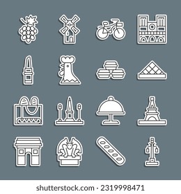 Set line Street light, Eiffel tower, Louvre museum, Bicycle, French rooster, Lipstick, Grape fruit and Macaron cookie icon. Vector