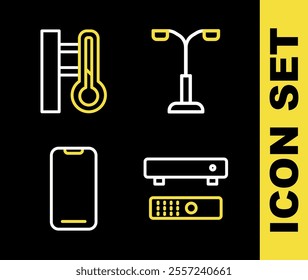 Set line Street light, Multimedia and TV box, Smartphone and Meteorology thermometer icon. Vector