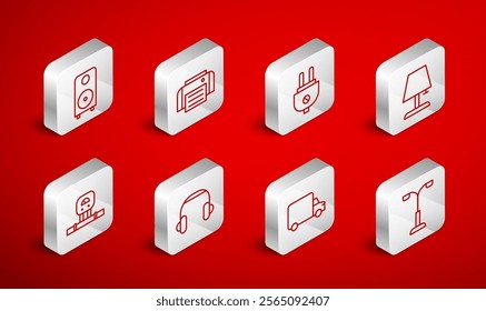 Set line Street light, Printer, Electric plug, Table lamp, Delivery cargo truck, Stereo speaker, Headphones and Smart sensor icon. Vector