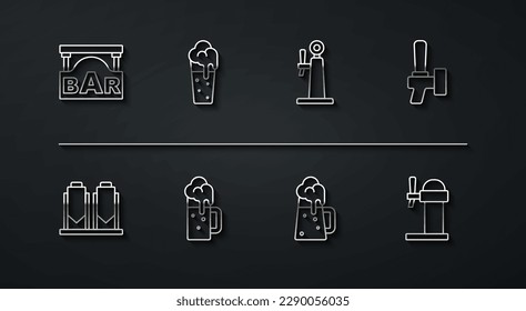 Set line Street signboard with Bar, Beer brewing process, tap, Wooden beer mug, Glass of, Dispenser and  icon. Vector