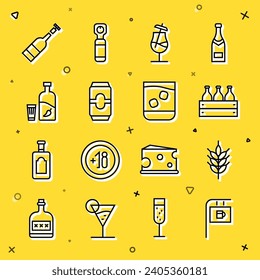 Set line Street signboard with Bar, Hop, Bottles of wine in wooden box, Cocktail, Beer can, Vodka pepper and glass, Opened bottle and Glass whiskey icon. Vector