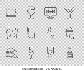 Set line Street signboard with Bar, Whiskey bottle, Alcohol bar location, Glass of champagne, Coffee cup, water, beer and Cocktail shaker icon. Vector