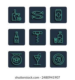 Set line Street signboard with Bar, Cocktail, Alcohol 18 plus, Beer can, Wine corkscrew, Champagne bottle, tap glass and Vodka pepper and icon. Vector