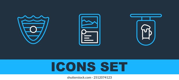 Set line Street signboard with Bar, Shield and Card game collection icon. Vector