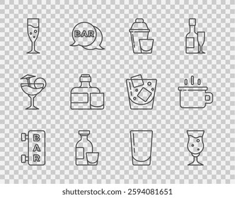 Set line Street signboard with Bar, Glass of beer, Cocktail shaker, Alcohol drink Rum, champagne, Whiskey bottle and glass, water and Coffee cup icon. Vector