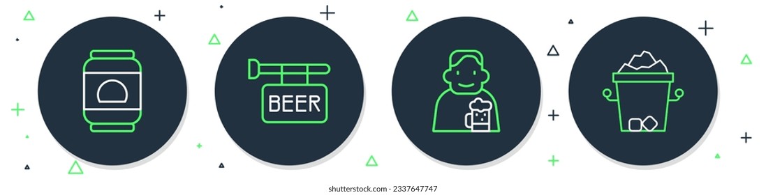 Set line Street signboard with Beer, Happy man beer, can and Ice bucket icon. Vector