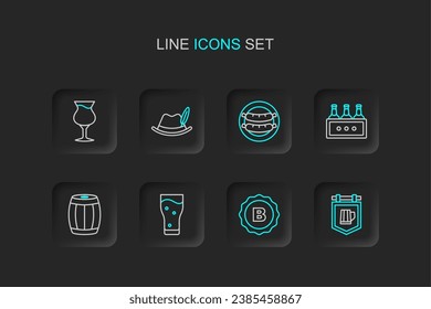 Set line Street signboard with beer, Bottle cap, Glass of, Wooden barrel, Pack bottles, Sausage, Oktoberfest hat and  icon. Vector