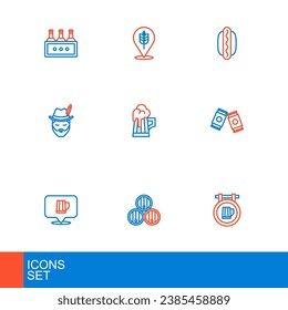 Set line Street signboard with beer, Wooden barrel, mug, Beer can, Oktoberfest man, Hotdog sandwich and Wheat icon. Vector