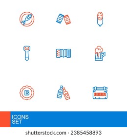 Set line Street signboard with Beer, bottle, Bottle cap, Wooden beer mug, opener, Accordion, Salami sausage and can icon. Vector