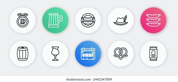 Set line Street signboard with Beer, Sausage, Wooden barrel, Pretzel, Oktoberfest hat, can and Glass of beer icon. Vector