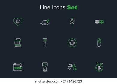 Set line Street signboard with beer, Beer can, Glass of, Salami sausage, Bottle opener,  and Wooden barrel icon. Vector