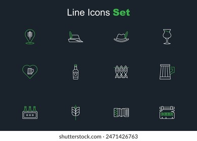 Set line Street signboard with Beer, Accordion, Wheat, Pack of beer bottles, Wooden mug, Dried fish,  and Heart glass icon. Vector