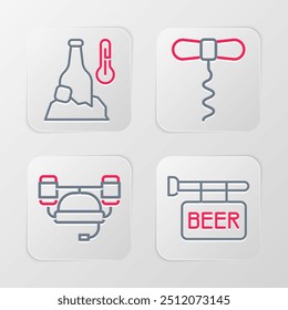 Set line Street signboard with Beer, helmet, Wine corkscrew and Cold beer bottle icon. Vector