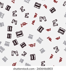 Set line Street signboard with Beer, Glass of beer, Dried fish and Trumpet on seamless pattern. Vector