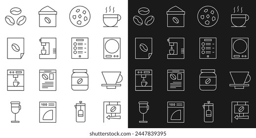 Set line Street signboard coffee, V60 maker, Electronic scales, Cookie or biscuit, Coffee machine, poster, beans and menu icon. Vector