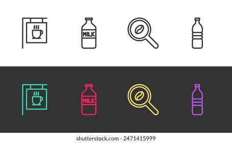 Set line Street signboard coffee, Bottle with milk, Selection beans and water on black and white. Vector