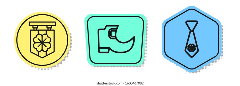 Set line Street signboard with four leaf clover, Tradition leprechaun boots and Tie with four leaf clover. Colored shapes. Vector