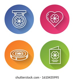 Set line Street signboard with four leaf clover, Heart with four leaf clover, Gold coin with four leaf clover and Saint Patricks Day flyer, brochure, postcard. Color circle button. Vector