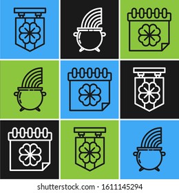 Set line Street signboard with four leaf clover, Saint Patricks day with calendar and Witch cauldron and rainbow icon. Vector