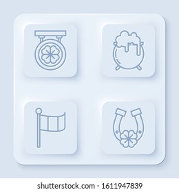 Set line Street signboard with four leaf clover, Witch cauldron, National Ireland flag and Horseshoe with four leaf clover. White square button. Vector