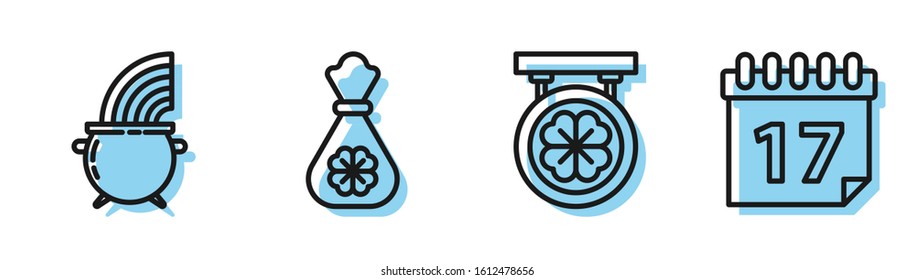 Set line Street signboard with four leaf clover, Witch cauldron and rainbow, Money bag with four leaf clover and Saint Patrick's day with calendar icon. Vector