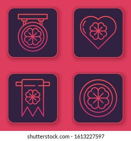 Set line Street signboard with four leaf clover, Four leaf clover and party pennant, Heart with four leaf clover and Gold coin with four leaf clover. Blue square button. Vector